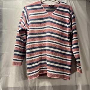 Cherokee Sweater Womens Medium Pink  White Grey Striped V Neck Long Sleeve